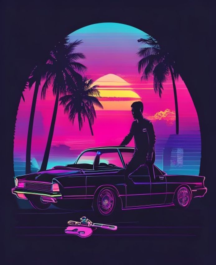 Stylized neon synthwave illustration representing Jason — a man's silhouette by a classic car under palm trees (original art, not a likeness)