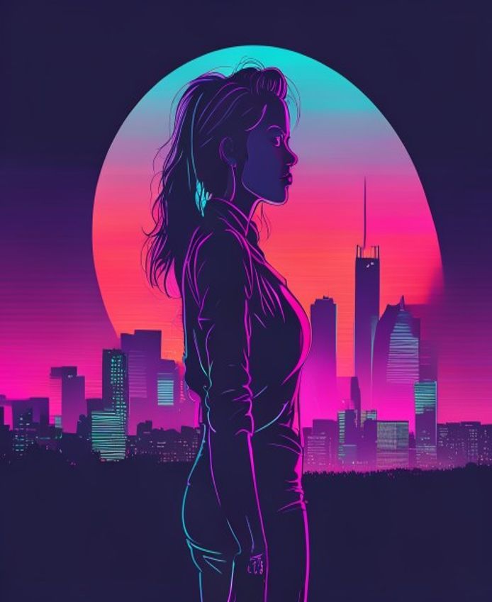 Stylized neon synthwave illustration representing Lucia — a woman's silhouette against a sunset skyline (original art, not a likeness)