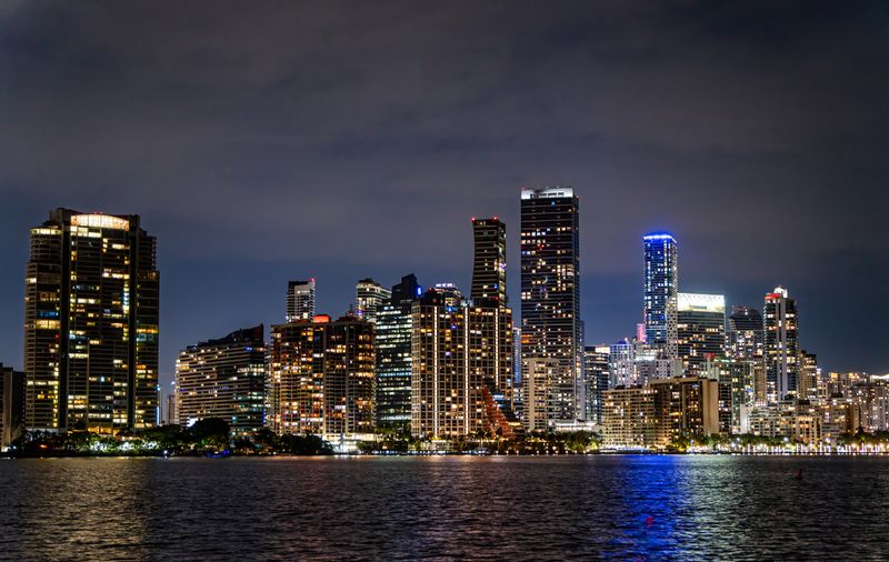 Miami's illuminated skyline at night seen across the water