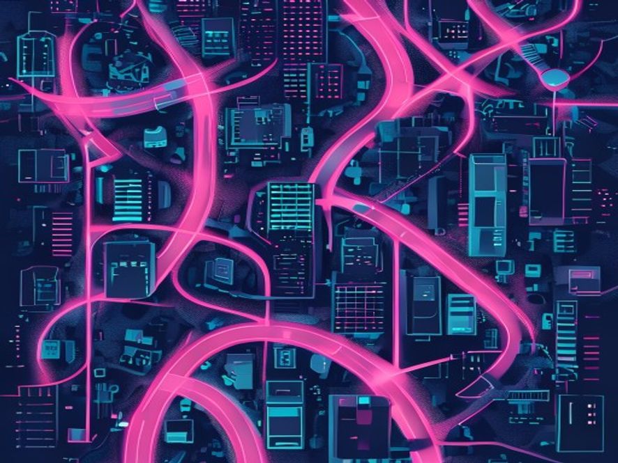 Stylized neon city map illustration with glowing pink and cyan roads