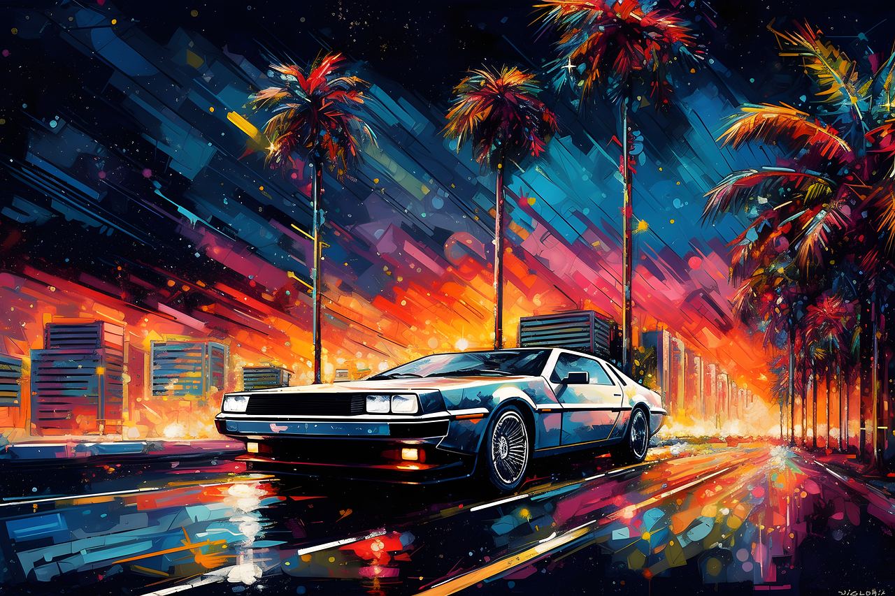 Synthwave road with a retro car driving toward a neon horizon